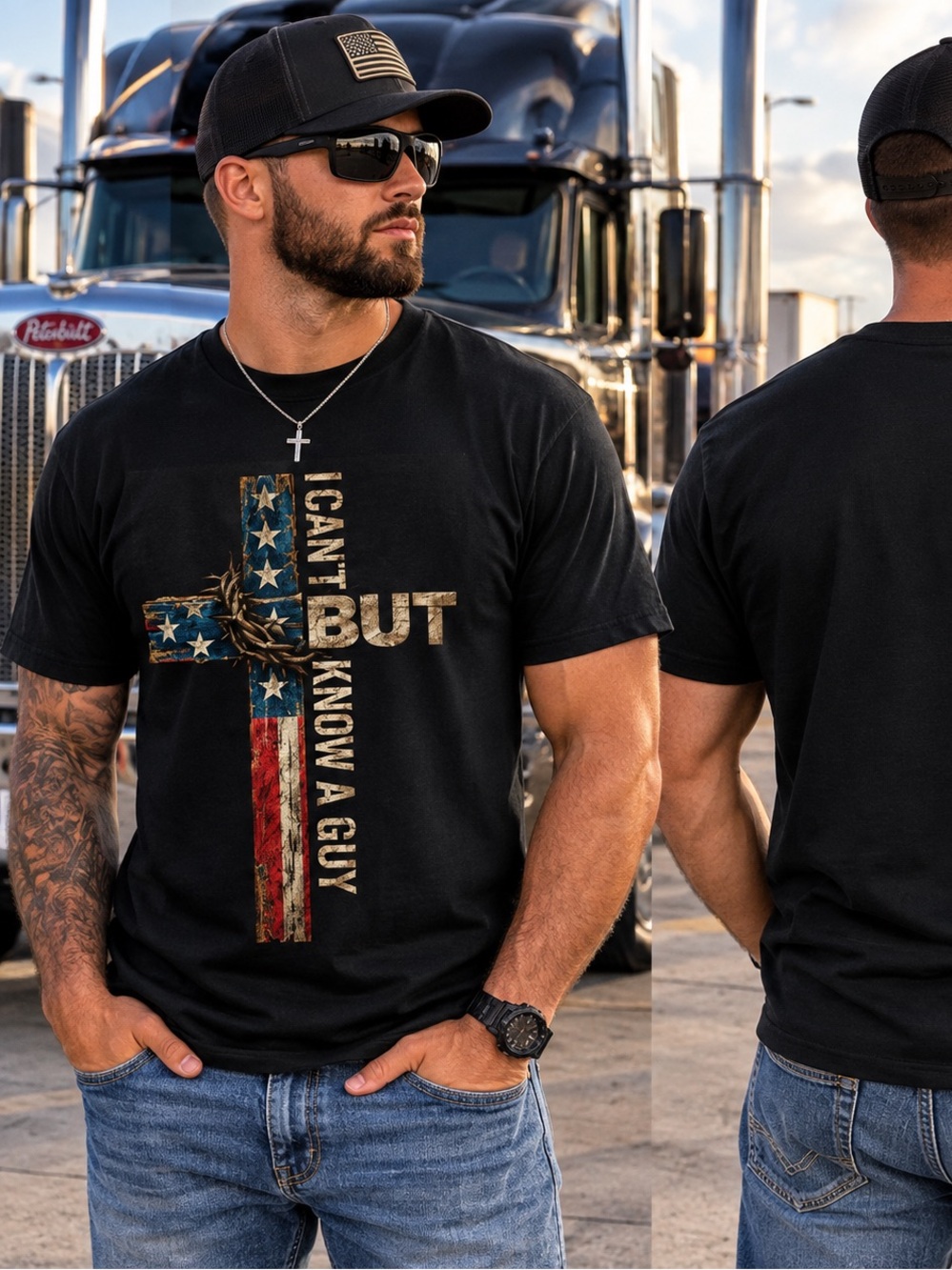 Men's Black Short-Sleeve Cross Graphic Tee with Flag Accent